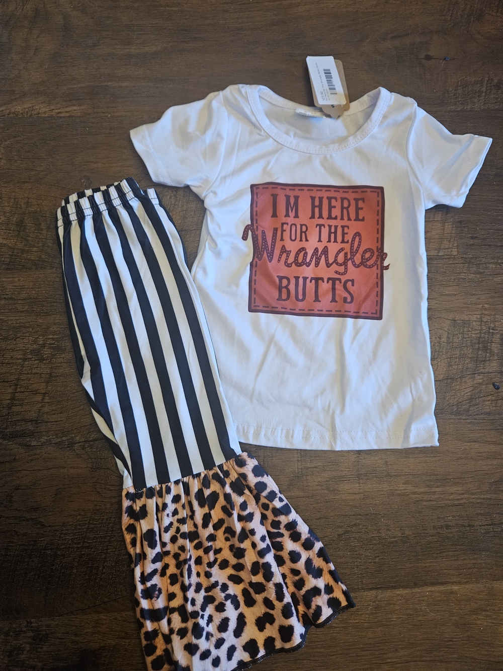 Wrangler White Tee with Black-White Striped Pants and Pink Leopard Ruffle